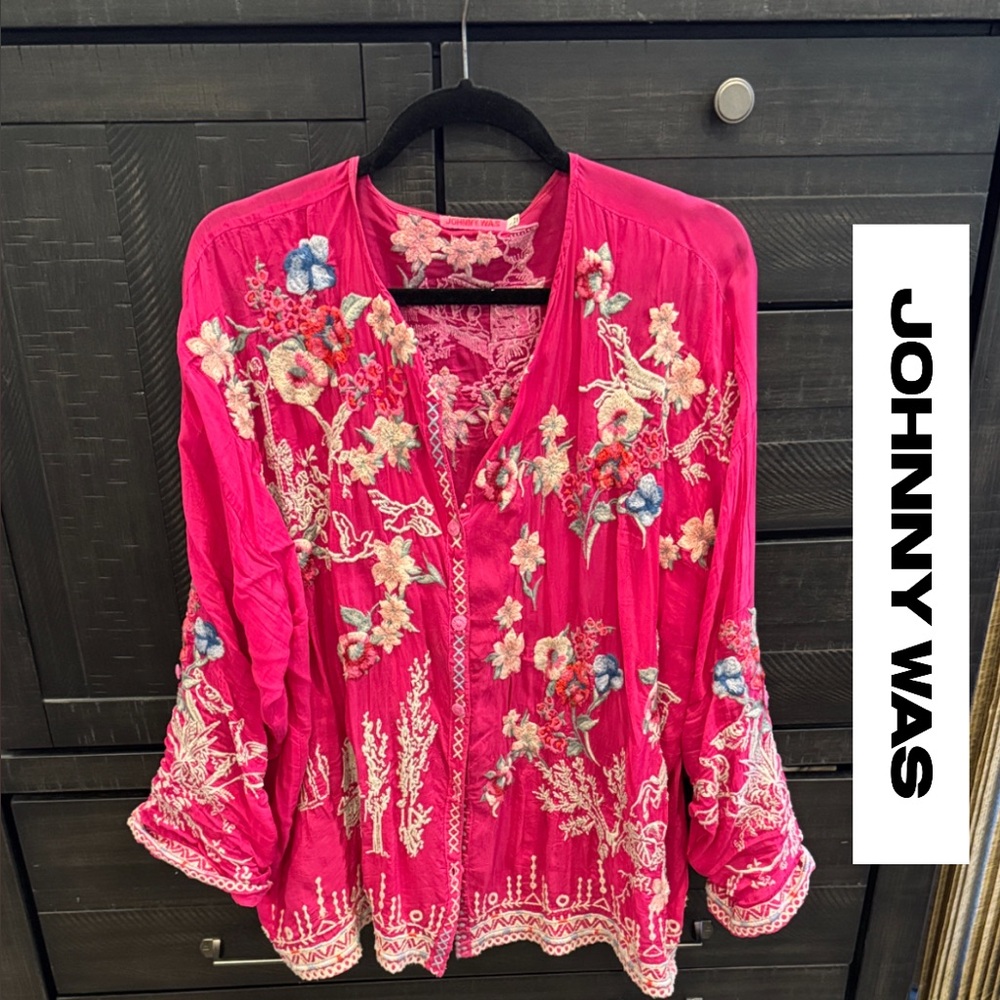 Vibrant Pink Johnny Was Embroidered Tunic Blouse